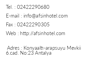 Afin Hotel iletiim bilgileri
